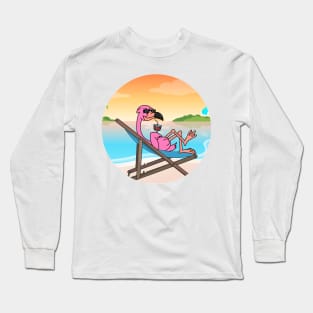 Flamingo Chill At Beach With Sunset Comic Style Long Sleeve T-Shirt